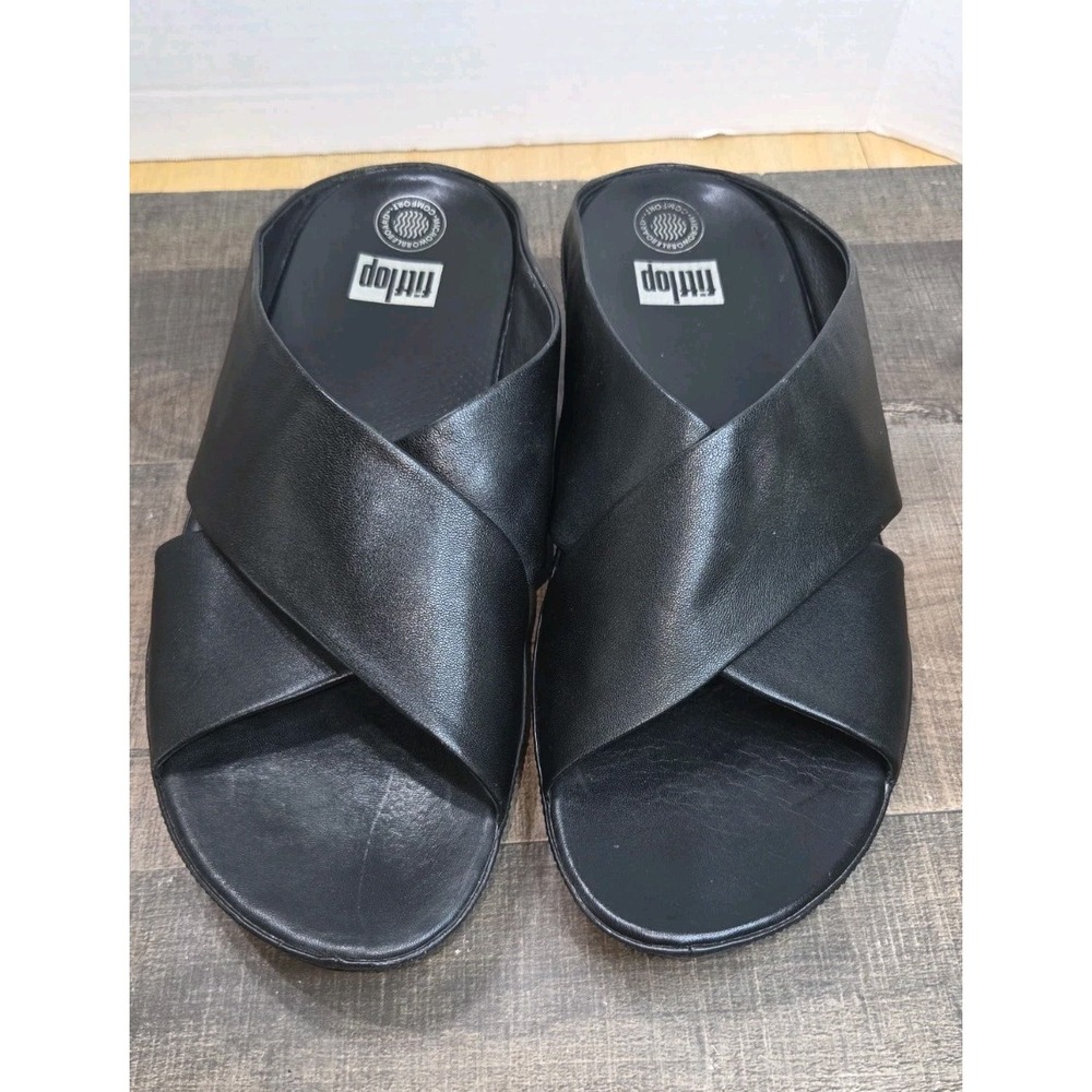 Fitflop Womens Kys Cross Slide Sandals Solid Black Leather Slip On Strappy US 11